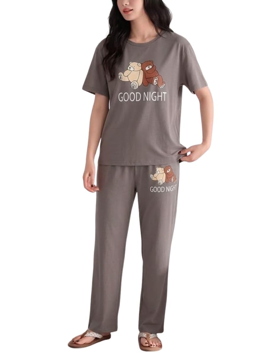 SMOWKLY Conjunto de pijama de dos piezas de mezcla de algodón de alta calidad con bonito estampado para mujer, camiseta elegante con pantalón de pijama, ropa de descanso cómoda
