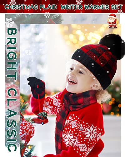 6 Pcs Buffalo Plaid Winter Warm Sets for Kids 2 Pcs Knitted Pom Beanie Hat 2 Pairs Knitted Plaid Gloves 2 Scarf for Boys and Girls Winter Christmas, Red, Black, White4