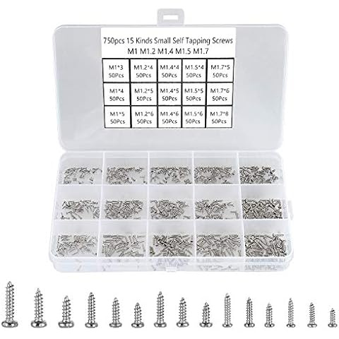 HanTof 750pcs Silver Tiny Screws for Electronics, M1, M1.2, M1.4, M1.5, M1.7 Very Small Phillips Pan Head Self Tapping Screws, Micro Wood Screws, Mini Electronic Screws Assortment Kit-Carbon Steel Cover