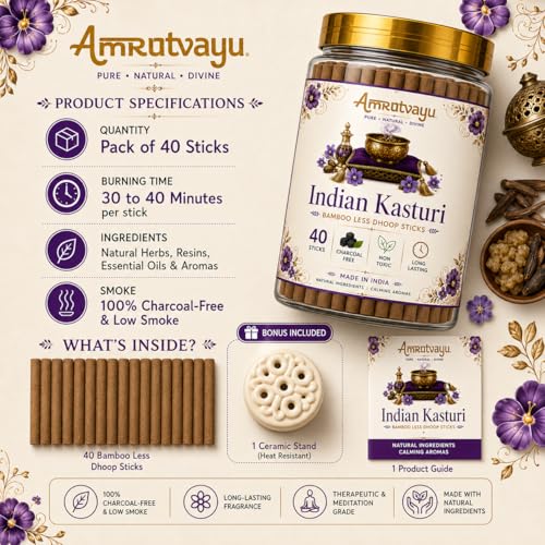 Image of Indian Kasturi Dhoop Sticks 4 inch 6mm Bamboo Less Incense for Pooja 40 Sticks | No Charcoal Sticks with Holder Stand | Fragrance for Home, Mediation Relaxation