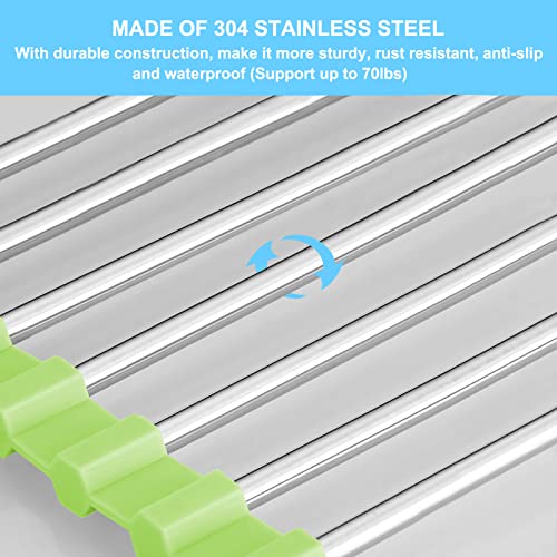 Roll Up Dish Drying Rack Over The Sink Drying Rack For Kitchen Counter, Rolling Dish Rack Over Sink Mat, Foldable Dish Drainer Stainless Steel Sink Rack Kitchen Organization Gadgets Green 17.5"X11.8" #TOP4