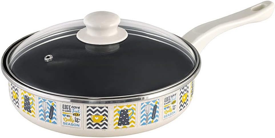 Metalac Cooking Pan Enameled Steel Frying Pan with Lid Kitchen Pan Cookware 91.3 oz (2.7 L) Kitchenware
