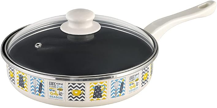 Metalac Cooking Pan Enameled Steel Frying Pan with Lid Kitchen Pan Cookware 91.3 oz 2.7 L Kitchenware