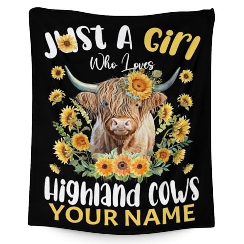 Personalized Highland Cow Blanket Gifts with Name - 30x40 Inches Cute Throw Blanket for Girls - Black Soft Fuzzy Blankets for Couch & Office