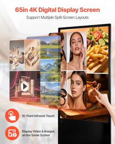 Image of VEVOR 65 in Indoor Digital Signage 4K Floor Stand Advertising Display Kiosk, WiFi HDMI /USB Input Android OS, 178 Wide View, LCD Touchscreen Interactive Monitor, Mobile Commercial Totem Poster