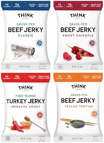 Think Jerky Beef and Turkey Jerky Variety, Original, Sweet Chipotle, Sriracha Honey, Sesame Teriyaki, Healthy Meat Snack, Low Calorie Low Fat - 2.2 oz Bags, 4 Pack, 1 of Each