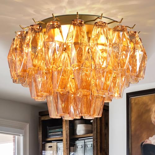 AUDOSY Amber Ceiling Light, 17" Modern Crystal Glass Chandelier for Bedroom, 3-Light Round Flush Mount Ceiling Ligh for Living Room, Bathroom, Hallway, Entryway – Elegant Warm Lighting