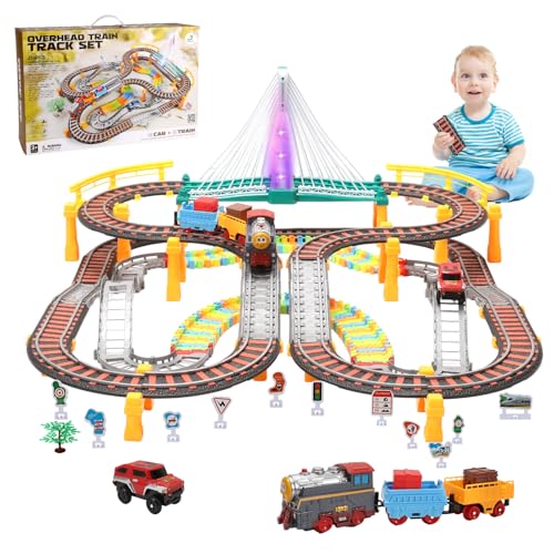 Tren Electrico Juguete Niños, Circuito Eléctrico 2 en 1 con Vías de 215 Piezas, Rieles, Puentes, Luces y Sonidos, Tren y Coches de Carreras para Niños de 3, 4, 5, 6, 7, 8 Años
