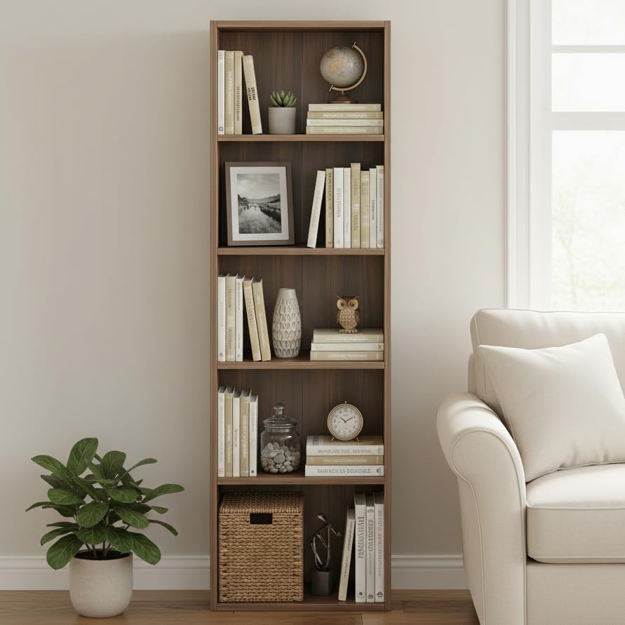 Image of FURNEASER Tall Bookshelf Bookcase for Living Room | Engineered Wood Open Storage Rack | Display Shelf Organizer for Bedroom, Office & Home (Exotic Teak)