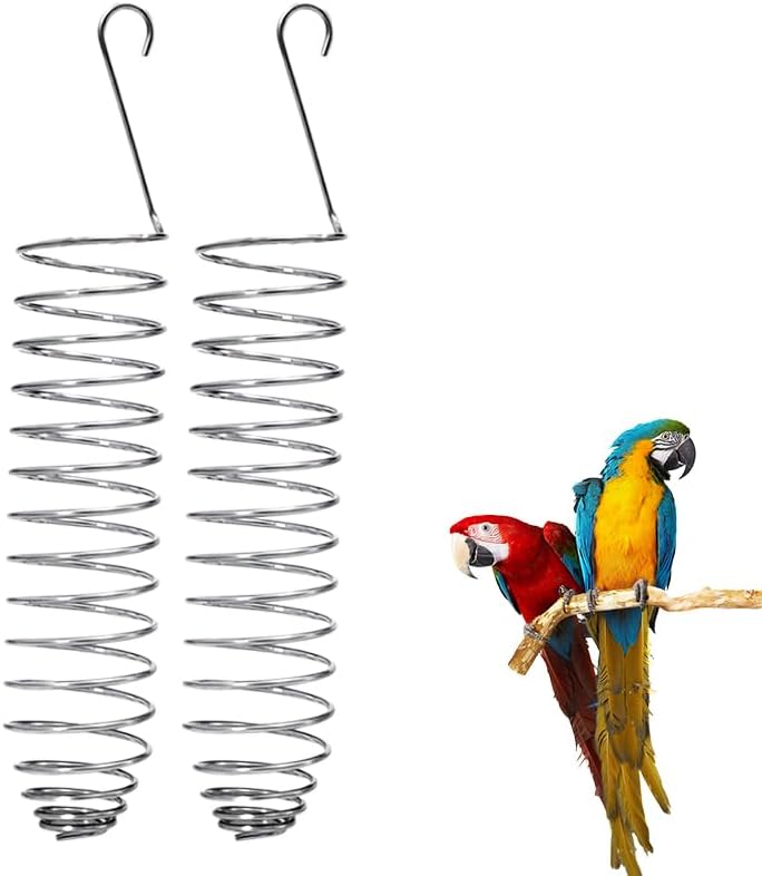 2 Pack Bird Treat Holder for Cage, Stainless Steel Spiral Bird Feeder for Parakeets, Hanging Millet Holder for Fruit, Vegetables and Bird Foraging Toy 6.3 Inch