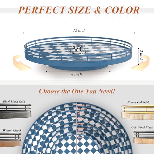 Image of Premium Rubber Wood Lazy Susan Turntable, Blue White Checkerboard Decorative Serving Tray, Hand-Welded Metal Railing, Stable Rotating Organizer for Dining Table, Kitchen Counter, Coffee Table Decor