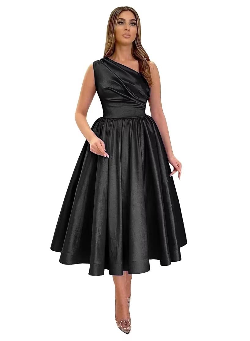 MARSENOne Shoulder Satin Prom Dresses Tea Length Formal Evening Party Dress A-Line Ball Gown