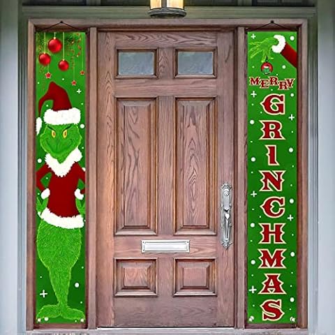 Grinch Grinchmas Banner Christmas Porch Sign Banner Green Merry Grinchmas Wall Hanging Flags Christmas Yard Sign Banner Supplies for Winter Holiday Party Yard Indoor Outdoor Outside Decoration Cover