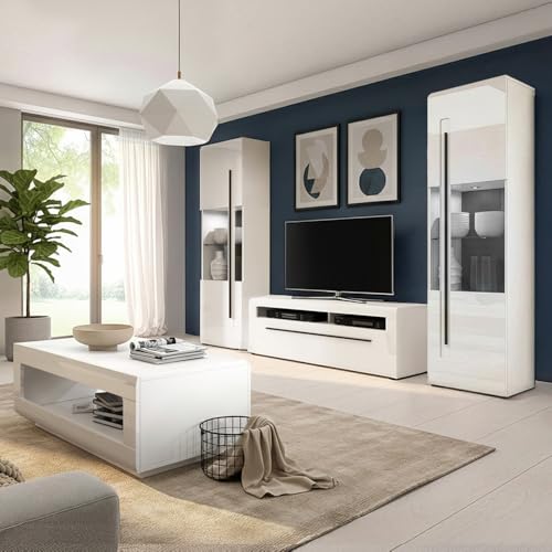 Lomadox Wohnzimmer Set 4-teilig in Weiß Hochglanz mit Wohnwand & Couchtisch, inkl. Beleuchtung - Anbauwand, Fernsehwand, Vitrine, Vitrinenschrank, Fernsehschrank, Fernsehtisch Lomadox Wohnzimmer Set 4-teilig in Weiß Hochglanz mit Wohnwand & Couchtisch, inkl. Beleuchtung - Anbauwand, Fernsehwand, Vitrine, Vitrinenschrank, Fernsehschrank, Fernsehtisch