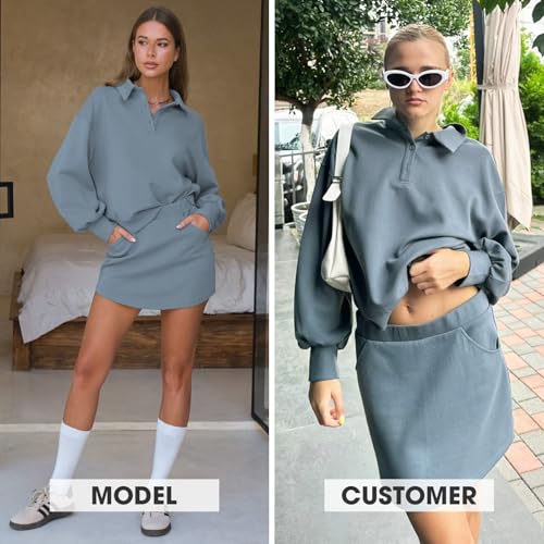 EXLURA Women Two Piece Sets 2025 Casual Polo Sweatshirt Skorts Matching Set Short Tennis Skirt Fall Workout Tracksuit Outfits3