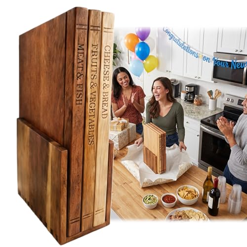 Set di 3 Taglieri in Legno Massello a Forma di Libro, Sapele, Acacia & Hevea, 33x25.5cm Extra Spessi con Icone Alimentari, Incluso Supporto – Ideale per Carne, Verdure, Formaggio & Pane