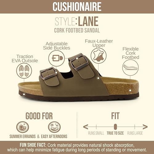 CUSHIONAIRE Lane Cork Footbed Womens Sandals Comfortable Double Buckle Slip On Sandals for Women with Arch Support and Classic Two Strap Design, BROWN 8 - 3