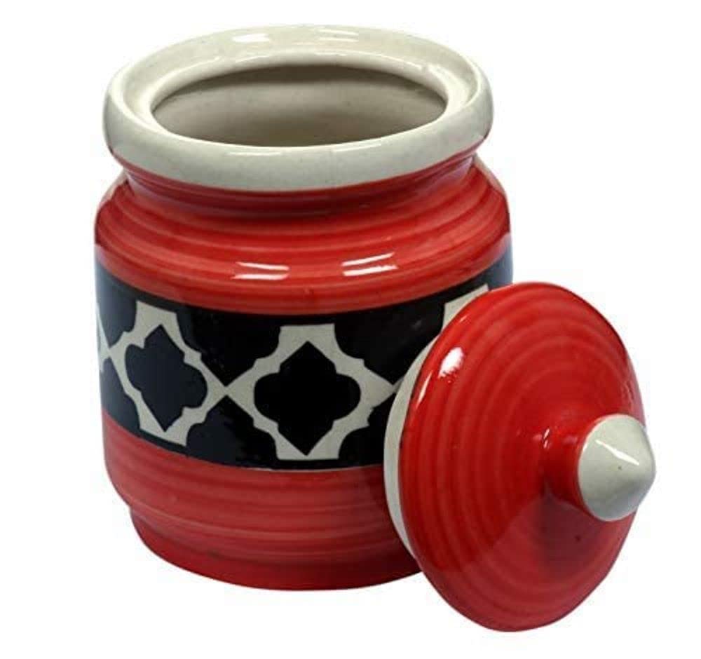 RAJ ROYAL Red Pottery Hand Painted Cornichon 750 Gram Storage Jar Container with Lid Ceramic Food Storage Multipurpose Storage Container for Home(Set of 2) (Red) - Image 3 thumbnail