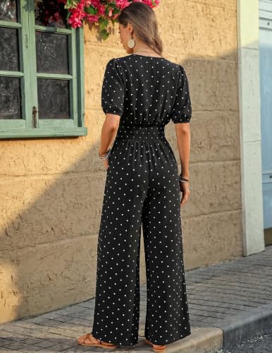 LOOKBOHO Womens Jumpsuits Short Sleeves V Neck Smocked High Waist Wide Leg Rompers Dressy Casual One Piece Outfits XXL — view 3