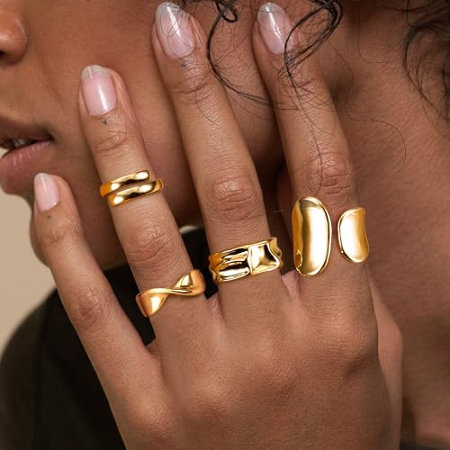 FIBO STEEL 12Pcs Chunky Rings for Women - 18K Gold Plated Thick Rings Stacking Open Rings Set Adjustable2