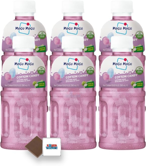 Mogu Mogu Flavored Drinks 6x320ml, COTTON CANDY - Nata De Coco Juice - Refreshing Taste - Fun Drinking During Hot Summers Or Take Them On Trips & Picnics Boxed Treatz