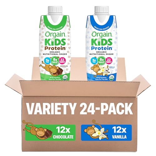 Image of Orgain Organic Kids Nutritional Dairy Protein Shakes Bundle, Chocolate + Vanilla, 8g Protein, 3g Fiber, 22 Vitamins & Minerals, No Soy Ingredients, Gluten Free, Non‑GMO, 8.25 fl oz, Pack of 24