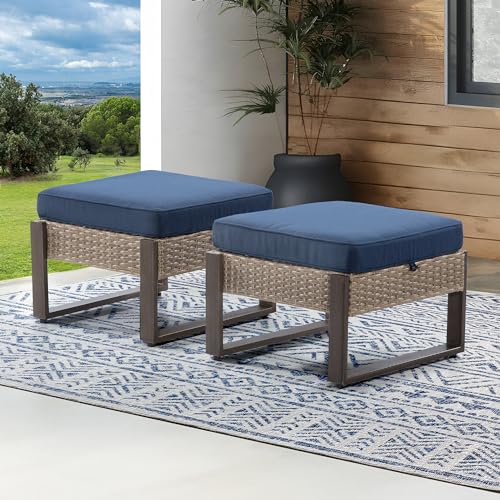 MeetLeisure Patio Wicker Ottoman Set of 2, Outdoor PE Rattan Footstools with Removable Cushions & Wood-Looking Metal Steel Framed Legs for Garden Backyard Porch Deck, Navy Blue