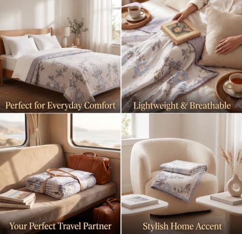 Image of BSB HOME 100% Cotton Reversible Dohar Single Bed Size | AC Blanket Lightweight Summer Comforter | Soft Breathable Bed Blanket (152 x 225 cm) (Ivory Grey Floral)