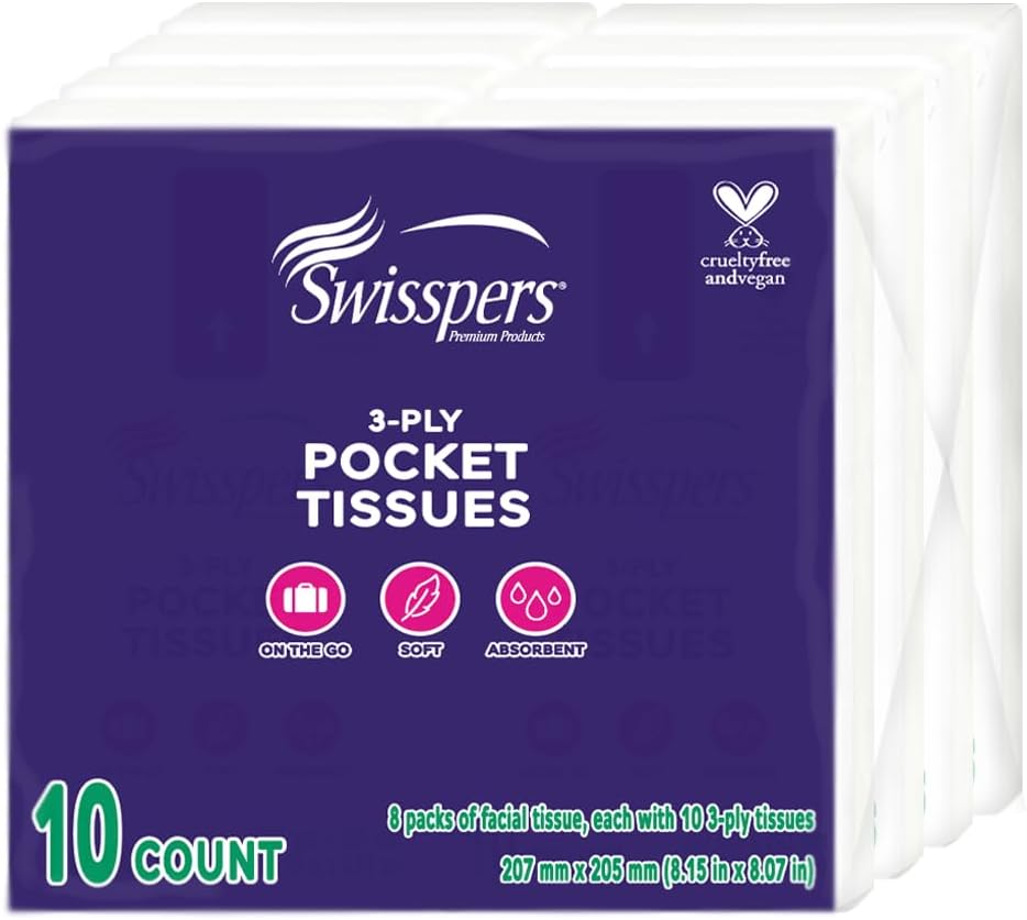 Swisspers Pocket Tissues, 3-Ply White Facial Tissues for Purse, Pocket, Car, Strong & Absorbent, 10 Tissues/Pack, 8 Packs (80 Tissues Total)