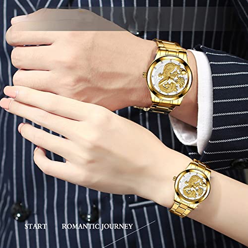 Image of Goodern Couple Pair Watches Luminous Stainless Steel His and Hers Dragon Wristwatch Large Face Quartz Watch for Men & Women His and Her Couple Watches Romantic Quartz Waterproof Classic Couple Watch