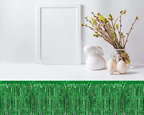 2 Pack Green Fringe Table Skirt 29X108 Inch Tinsel Desk Skirts For Rectangle Tables With 2 Roll Masking Tapes For St. Patrick's Day Mardi Gras Kids Dinosaur Birthday Party Table Decorations #TOP6