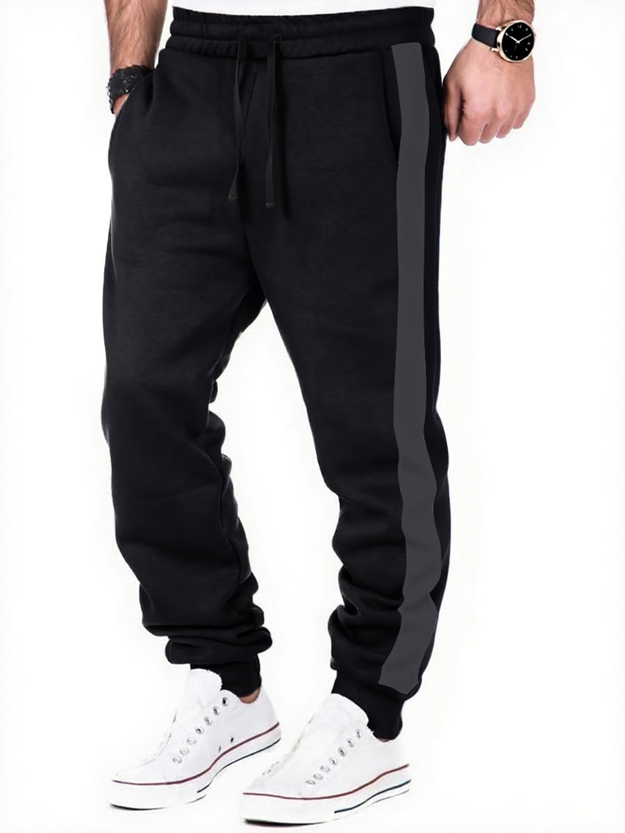 HMIYA Jogginghose Herren Baumwolle Trainingshose Lang Sporthose Klassische Freizeithose Sweathose mit Taschen und Seitenstreifen(Schwarz,L)