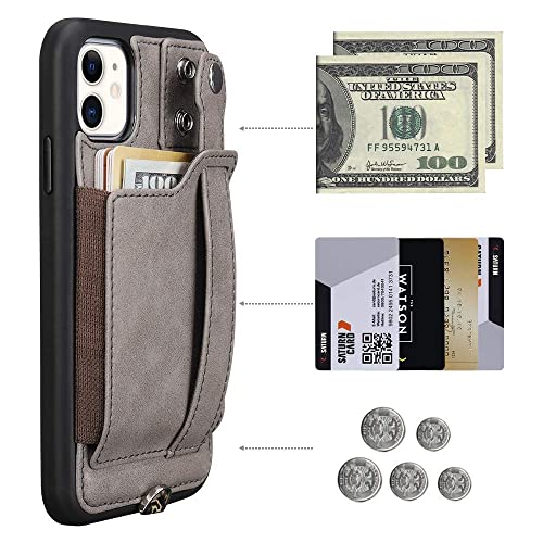 Toovren Iphone 11 Wallet Case, Iphone 11 Case Lanyard Neck Strap With Kickstand Leather Card Holder Adjustable Detachable Necklace, Phone Protective Back Cover For Apple Iphone 11 6.1 Inch Gray #TOP6