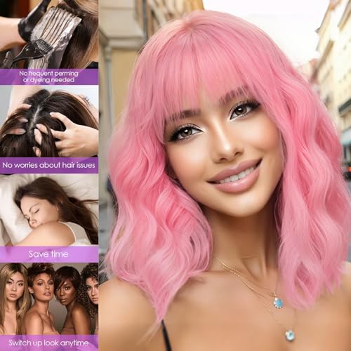Image of AISI HAIR Curly Bob Wig with Bangs Short Wavy Pink Color Wigs for Women Bob Style Synthetic Heat Resistant Bob Wigs