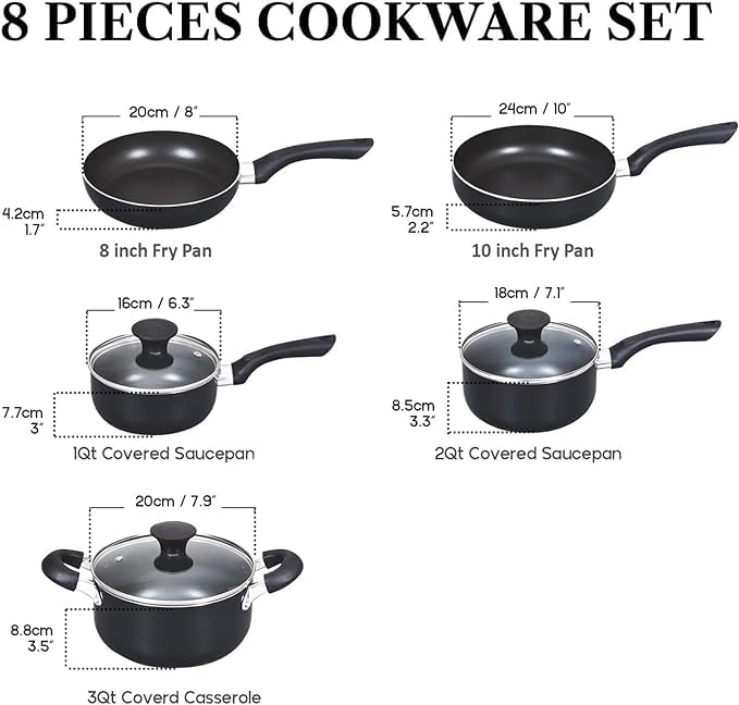 ALUMI Pots and Pans Nonstick Cooking Set includes Saucepan Frying Pan Kitchen Cookware 8-Piece, Stay Cool Handle, Black