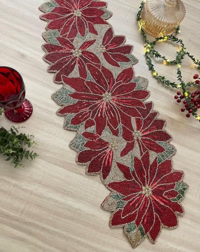 Image of MFU - Made For You Handmade Beaded Table Runner, Red Flower Design, 13 x 36 Inch | Decorative Rectangular Table Runner for Dining Table, Center Table & Home Decor