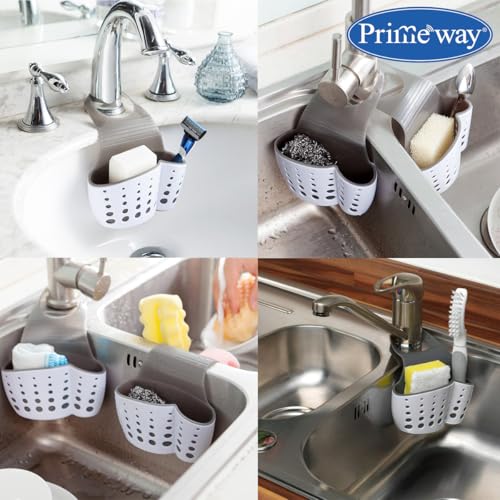 Image of Primeway Silicone Kitchen Sink Sider Faucet Caddy|Sponge Holder with Adjustable Strap|Bathroom Organizer|Bathtub Hanging Storage Cleaning Supplies|Brush,Dishwashing Accessories Rack|White & Grey