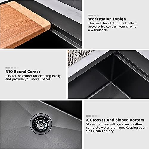 VASOYO 28x20 Inch Drop-In Workstation Kitchen Sink - 16 Gauge Gunmetal Black Stainless Steel Single Bowl Deep Overmount Sink With Cutting Board — view 4