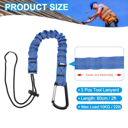 Image of MECCANIXITY Retractable Tool Lanyard 2ft with Single Aluminum Buckle and Adjustable Loop End, Maximum Weight Limit 10KG / 22lb, Safety Fall Protection Tools Leash, Blue 3 Pack