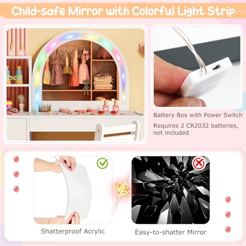 Image of Costzon Kids Vanity, Girls Vanity Set with Lighted Mirror, Bookshelf, Drawer, Storage Cabinet & Shelves, Toddler Makeup Vanity Desk Dressing Table, Wooden Kids Vanity Table and Chair Set (White)