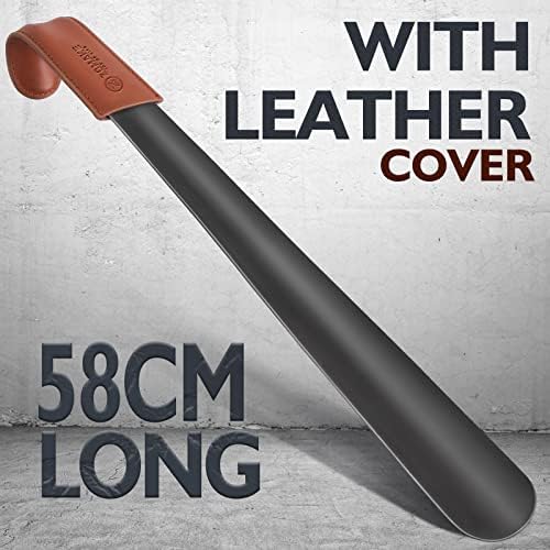 ZOMAKE Metal Shoe Horn 2Pcs,23 inches Shoehorn Extra Long Handled Lazy Shoe Helper with Leather Handle,Long Shoe Horns for Men Women the Elderly - 7.5 inches Shoehorns with Hook 23&7.5in