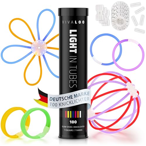 Vivaloo Knicklichter Party Set 100 Stück + Zubehör - Leuchtstäbe mit Verbinder für Leuchtarmbänder, Party Brillen, Bälle usw. - Party Deko & Festival Zubehör