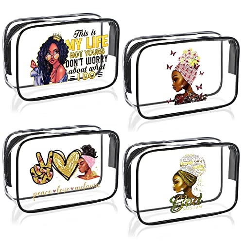 Sweetude 4 Pcs African American Makeup Bag Gifts for Black Women Clear Travel Toiletry Bag Zippered Funny Cosmetics Pouch Multi Purpose Organizer for Women Inspirational Gifts