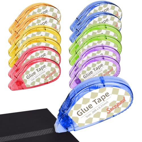 Image of Secopad Scrapbook Tape, 12 Pack Double Sided Tape Roller for Crafts, Adhesive Glue Runner Scrapbooking Supplies Journaling School Office Teacher Supplies, 0.3IN x 26FT, Clear Colored Shell