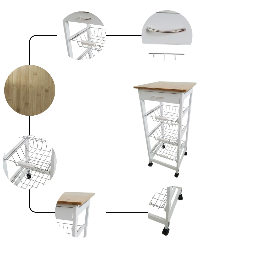 Verdulero frutero, Carro de Cocina con Ruedas, 37x37x85 Blanco Tapa Madera Oporto 6