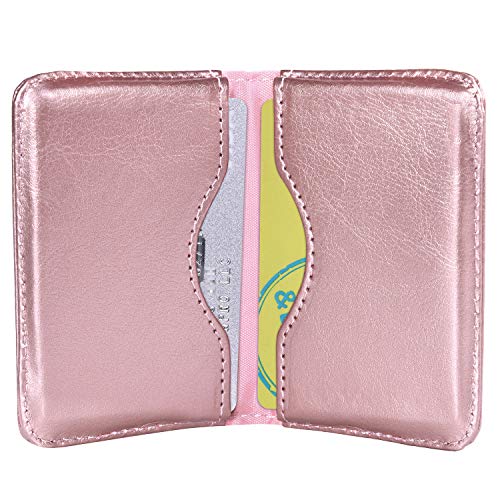 Business Card Holder Wisdompro 2-Sided PU Leather Folio Name Card Holder Wallet Case with Magnetic Shut for Men and Women Ultra Slim and Thin - Rose Gold