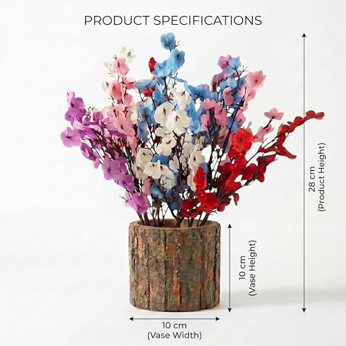 Image of Dekorly Artificia Baby's Breath Flower with Real Wooden Vase (28CM Overall Height) | Decorative Lifelike Faux Floral Plant in Rustic Tree Log Pot for Living Room(Baby's Breadth)