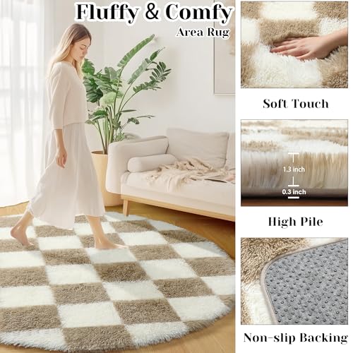 Image of KICMOR Round Rugs 6ft Beige and Cream White Circle Area Rug, Fluffy Soft Fuzzy Shag Shaggy Bedroom Living Room Carpet, Indoor Checkered Circular Rug for Kids Boys Girls Home Decor Aesthetic, Nursery