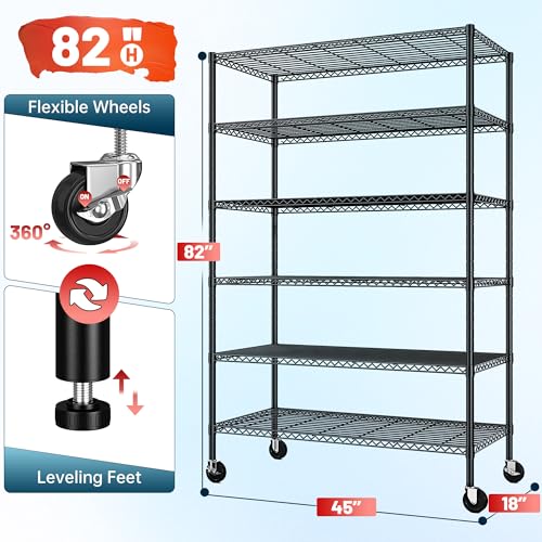 82" H X45 W X18 D Storage Shelves with Wheels, 6 Tier Wire Shelving Adjustable Metal Shelving Pantry Shelves Capacity 1200LBS for Garage Shelving, Pantry, Kitchen, Closet, Commercial, Black - Image 4