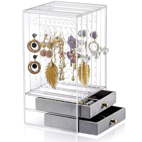 Image of SIBY Acrylic Transparent Earring Organizer | Clear Jewelry Storage Box for Earrings, Necklaces & Rings | Dustproof Jewelry Display Stand with 2 Removable Drawers (1Pc, Transparent)